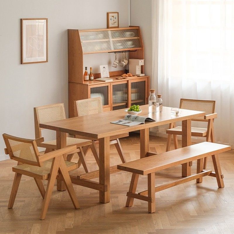 Modern Rectangle Dining Table Solid Wood Dinner Table with Trestle Base