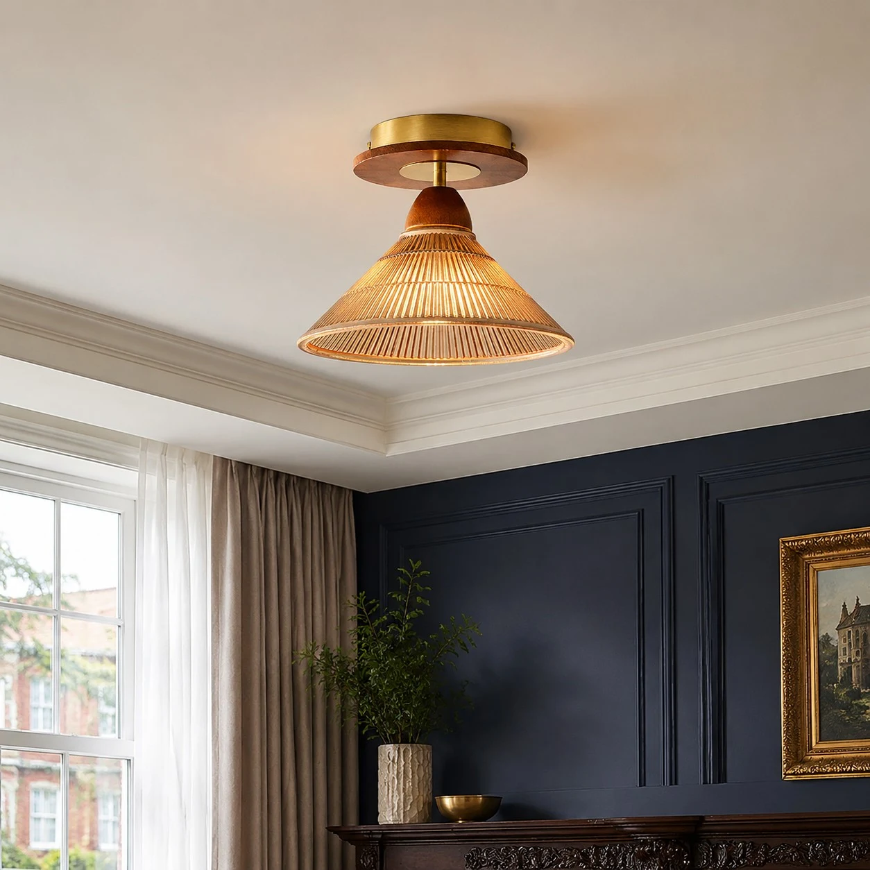 Vintage amber pleated ceiling light installed in a room