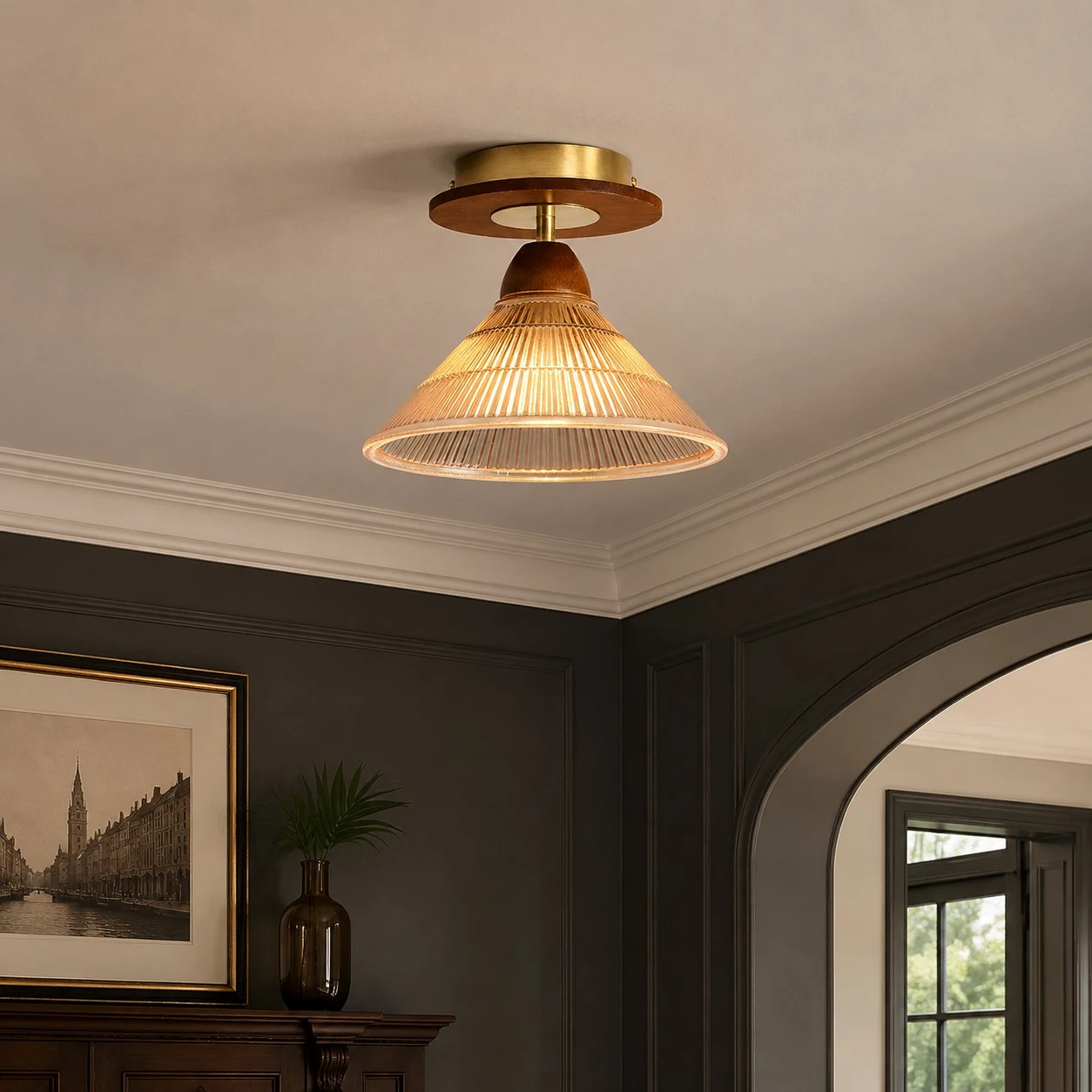 Vintage pleated ceiling light in a moody hallway interior