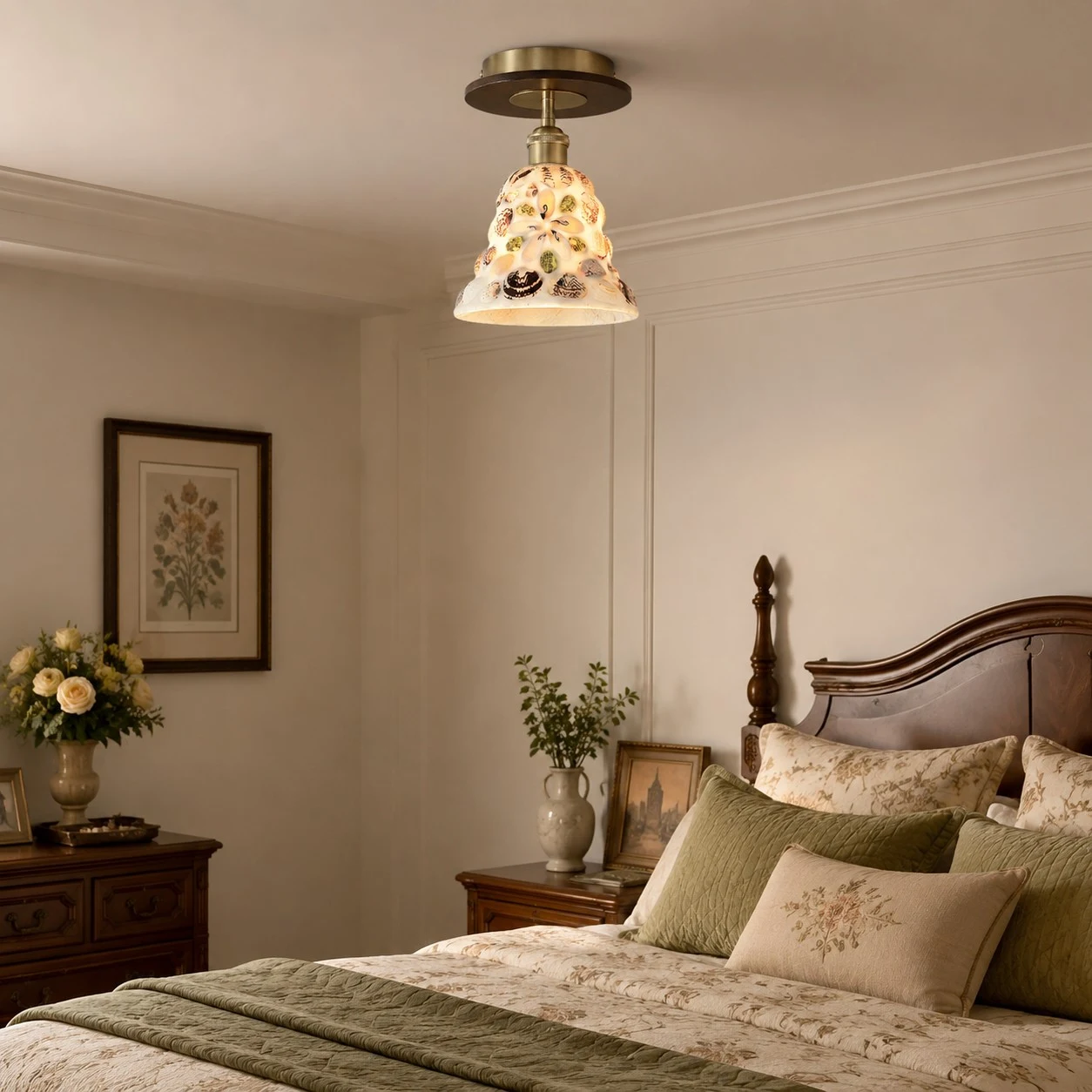 Shell glass ceiling light in a calm bedroom scene