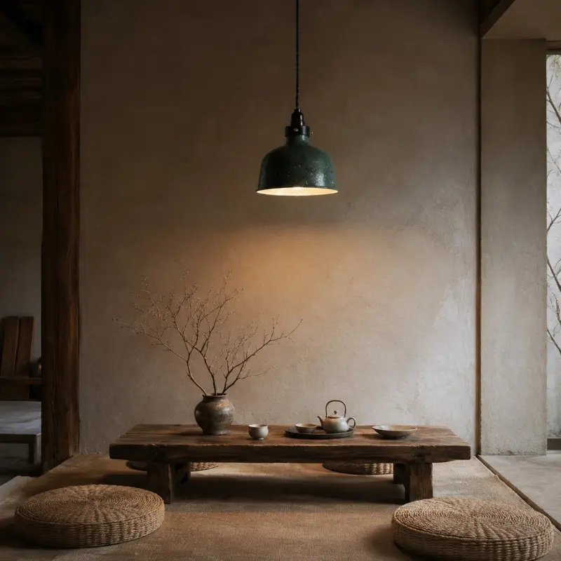 Industrial pendant in a calm dining space
