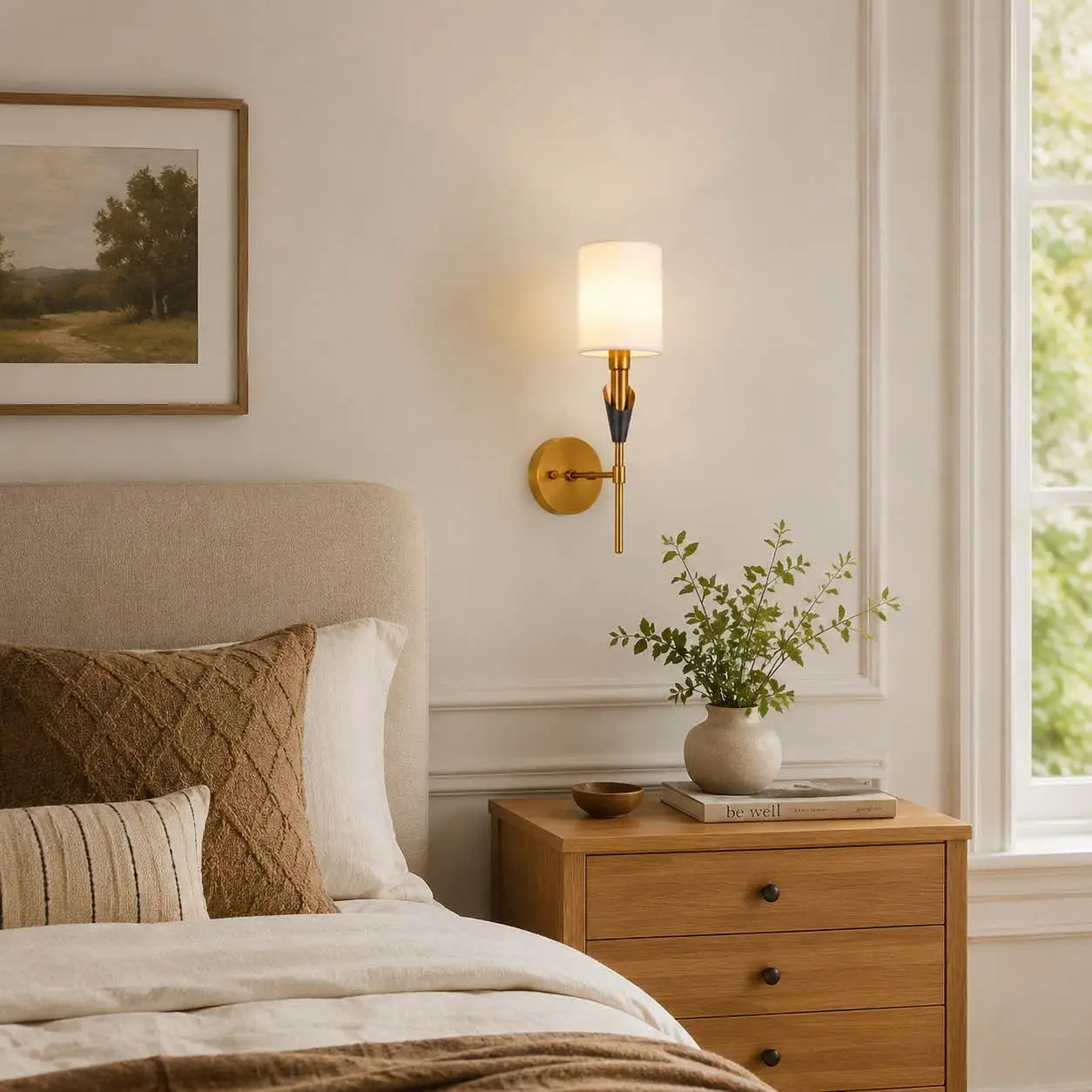 Fabric shade wall lamp styled in a warm bedroom