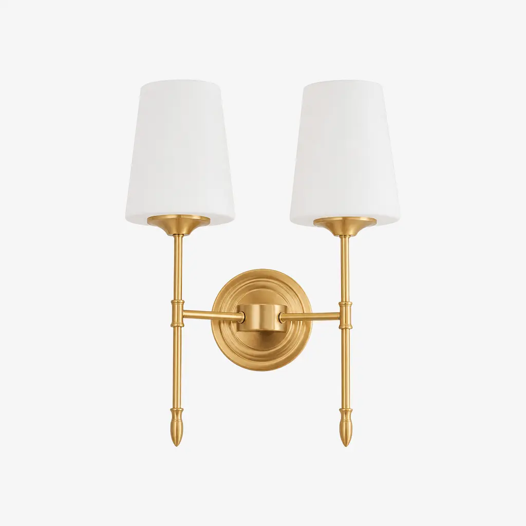Two-head vintage brass wall light, Style C with opal glass shades