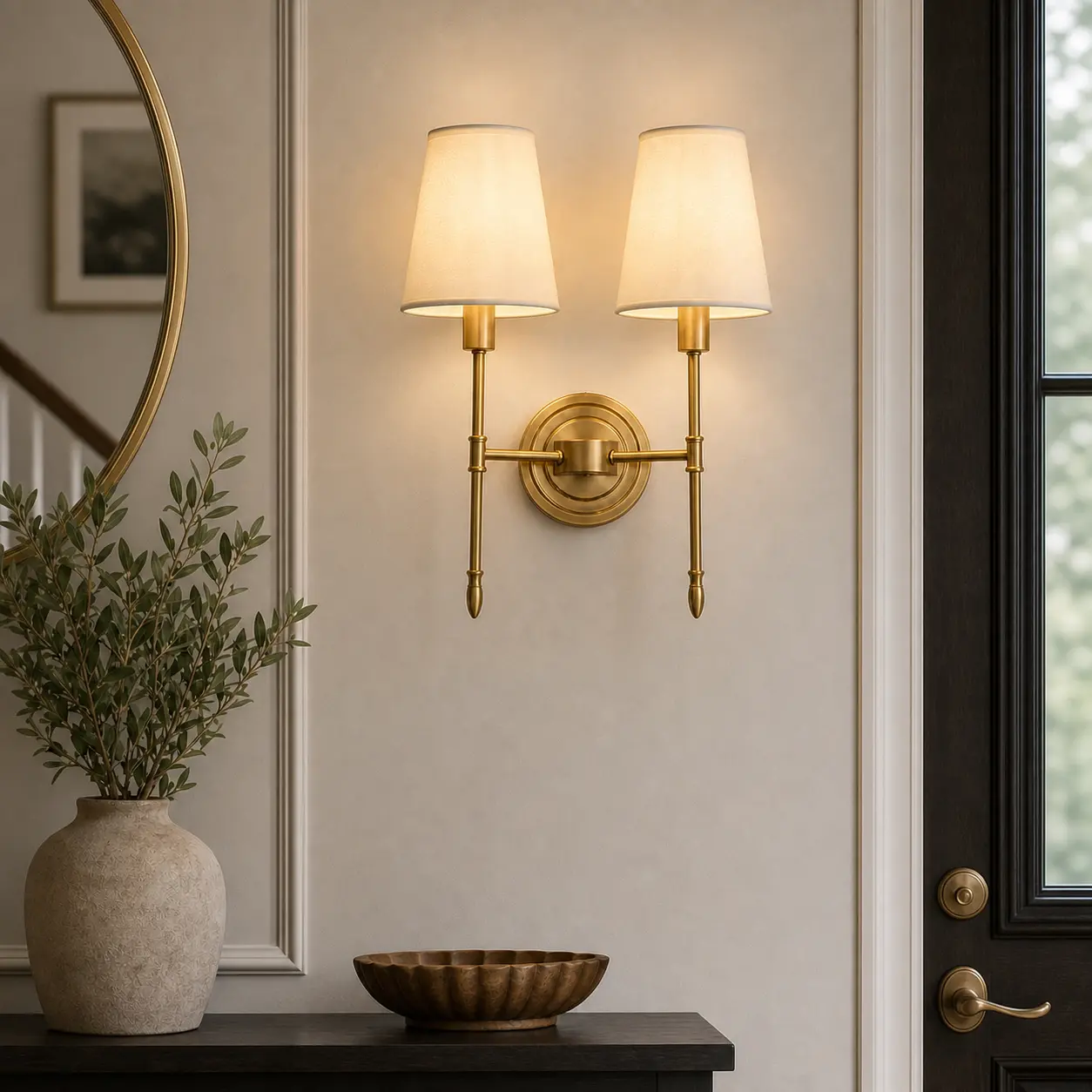 Brass wall light in an elegant interior setting