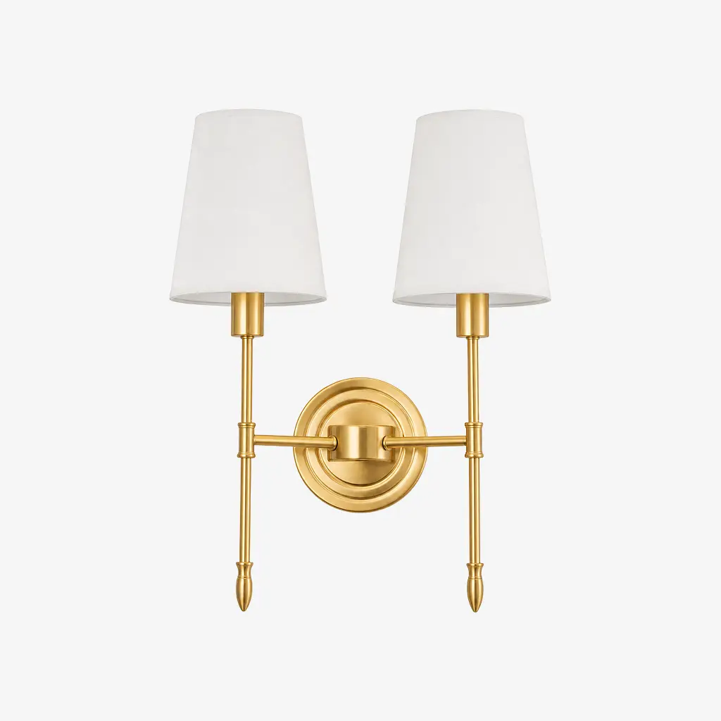 Two-head vintage brass wall light, Style B with fabric shades