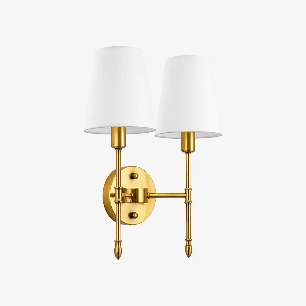 Two-head vintage brass wall light, Style A with fabric shades