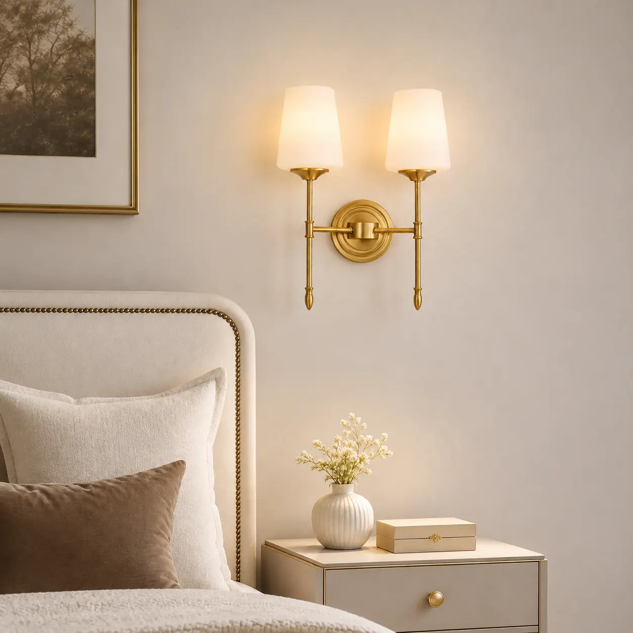 Vintage brass wall light creating a warm bedroom atmosphere