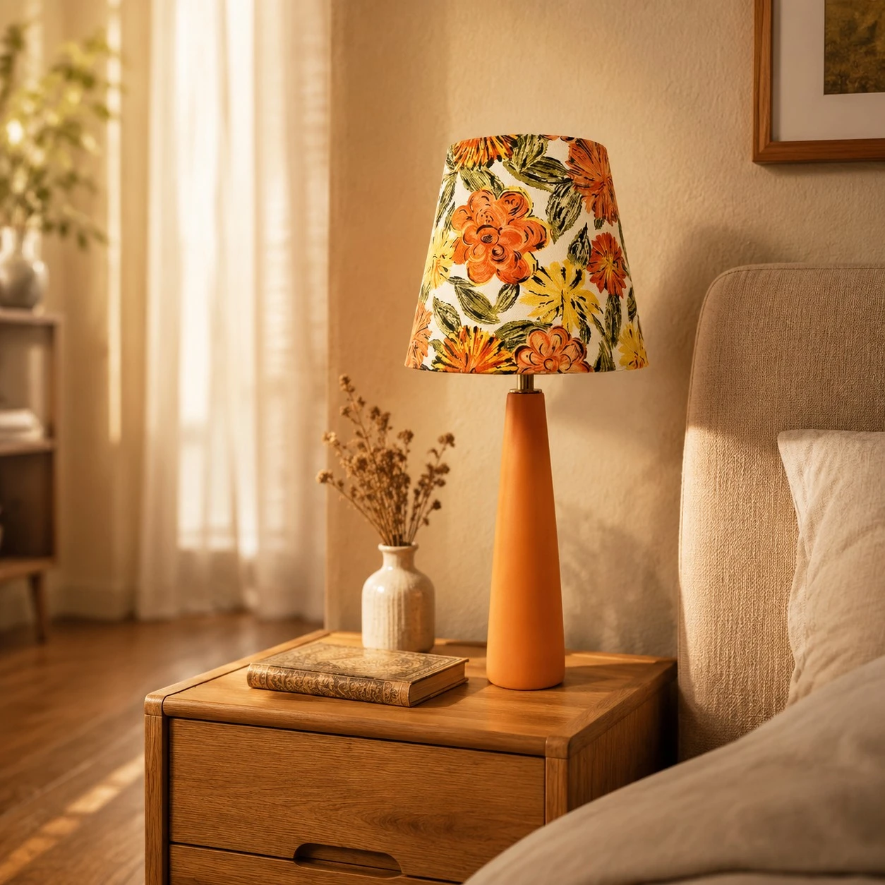 Art Floral ceramic table lamp styled on a bedside table