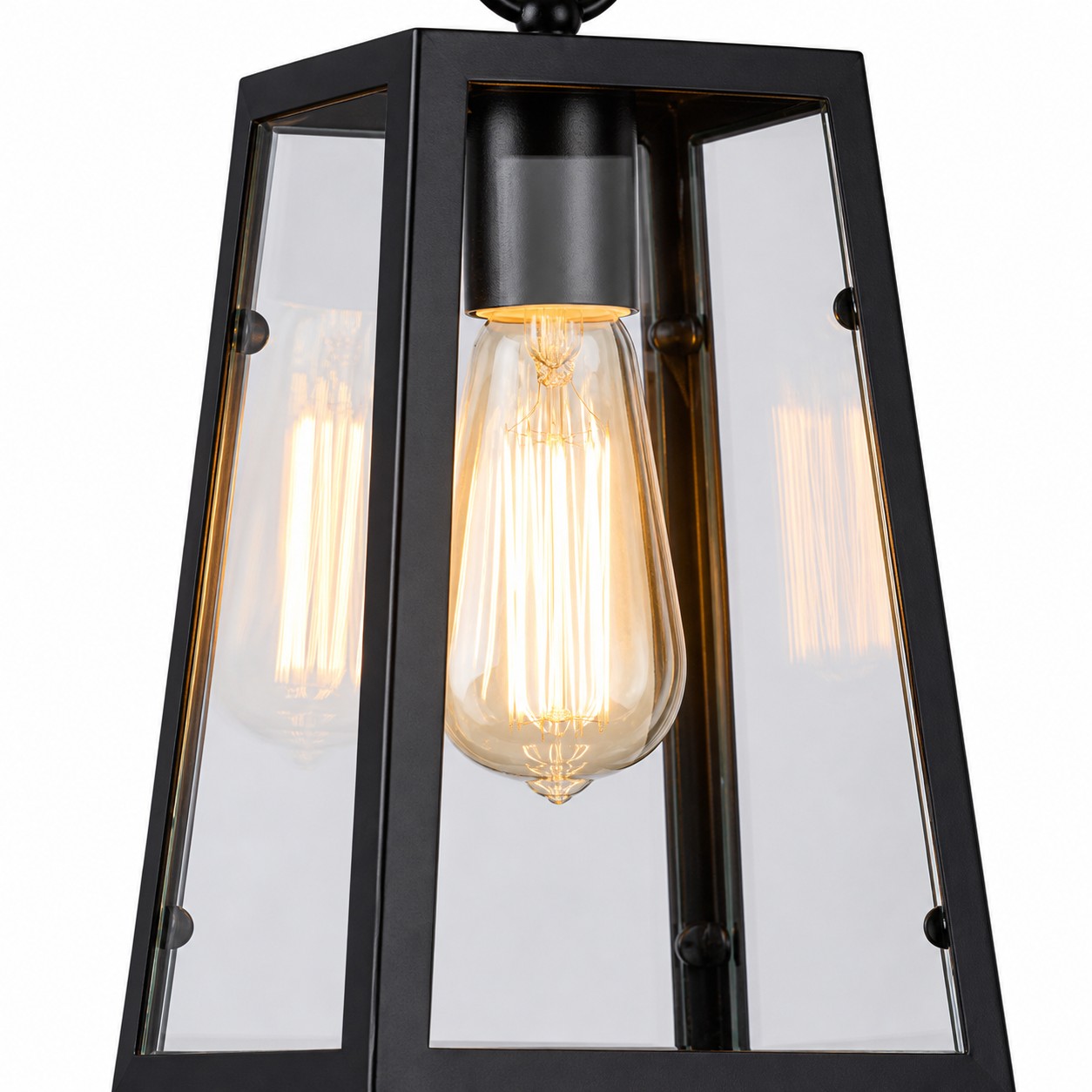 Close view of the black metal and clear glass pendant shade