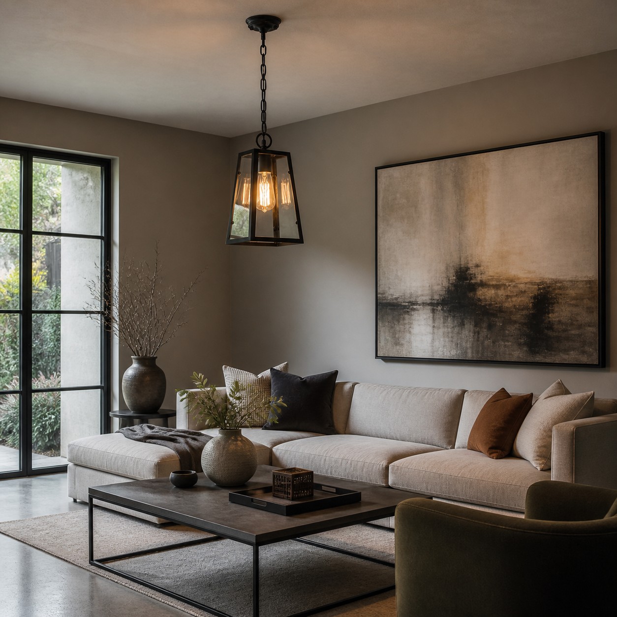 Black glass pendant light shown in a sofa lounge scene