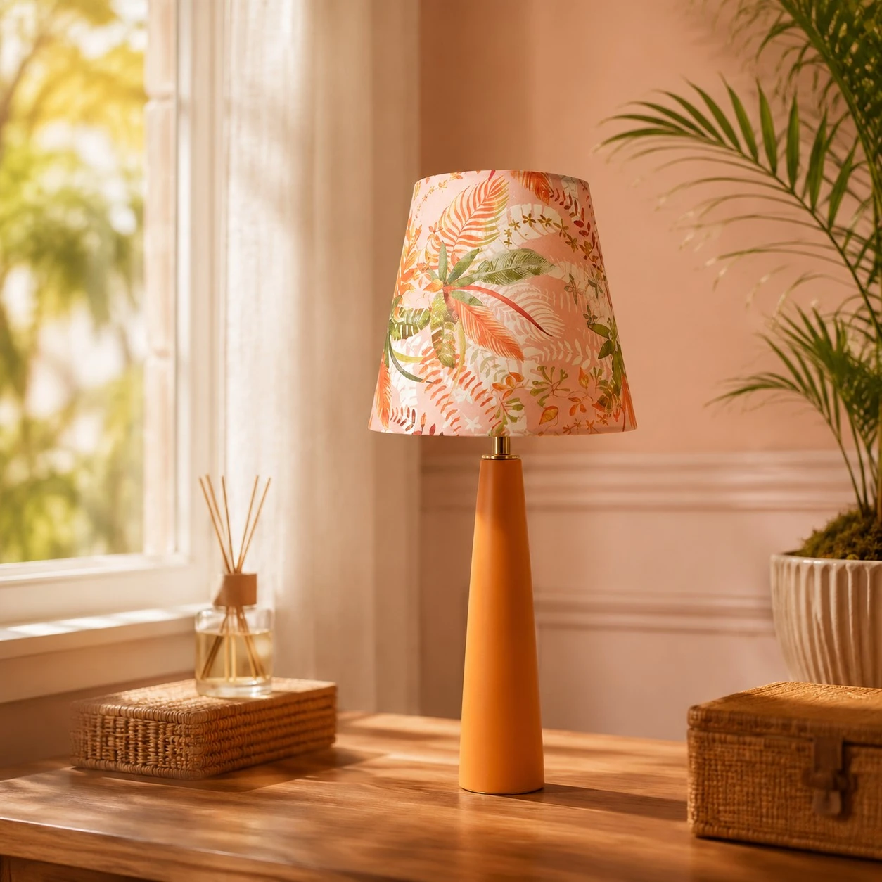 Floral ceramic table lamp on a warm side table