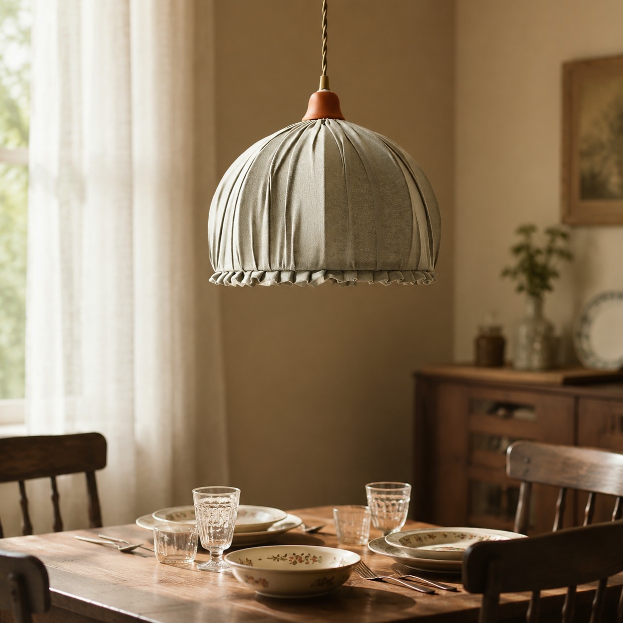 Sage green ruched fabric pendant light above a dining table