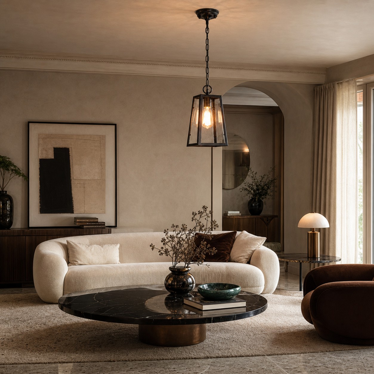 Black glass pendant light installed in a warm living room