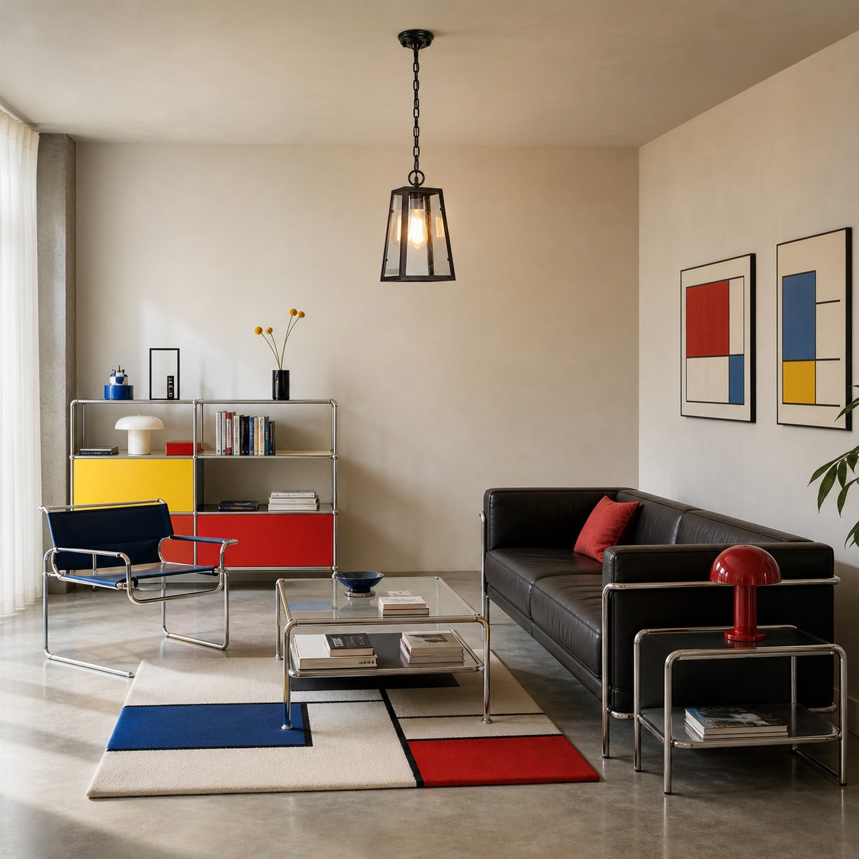 Black glass pendant light in a colorful modern living room