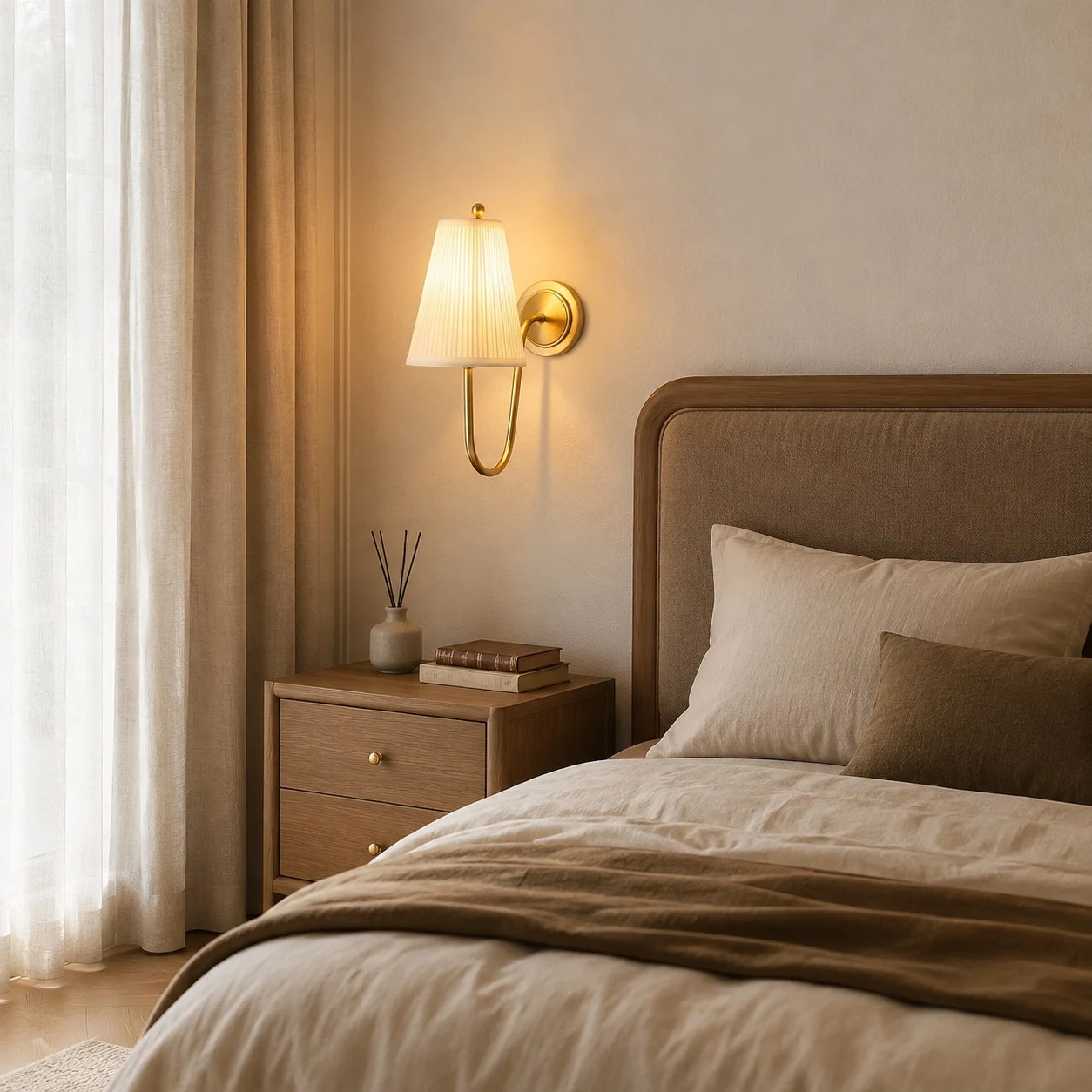 French brass fabric wall sconce installed beside a bed