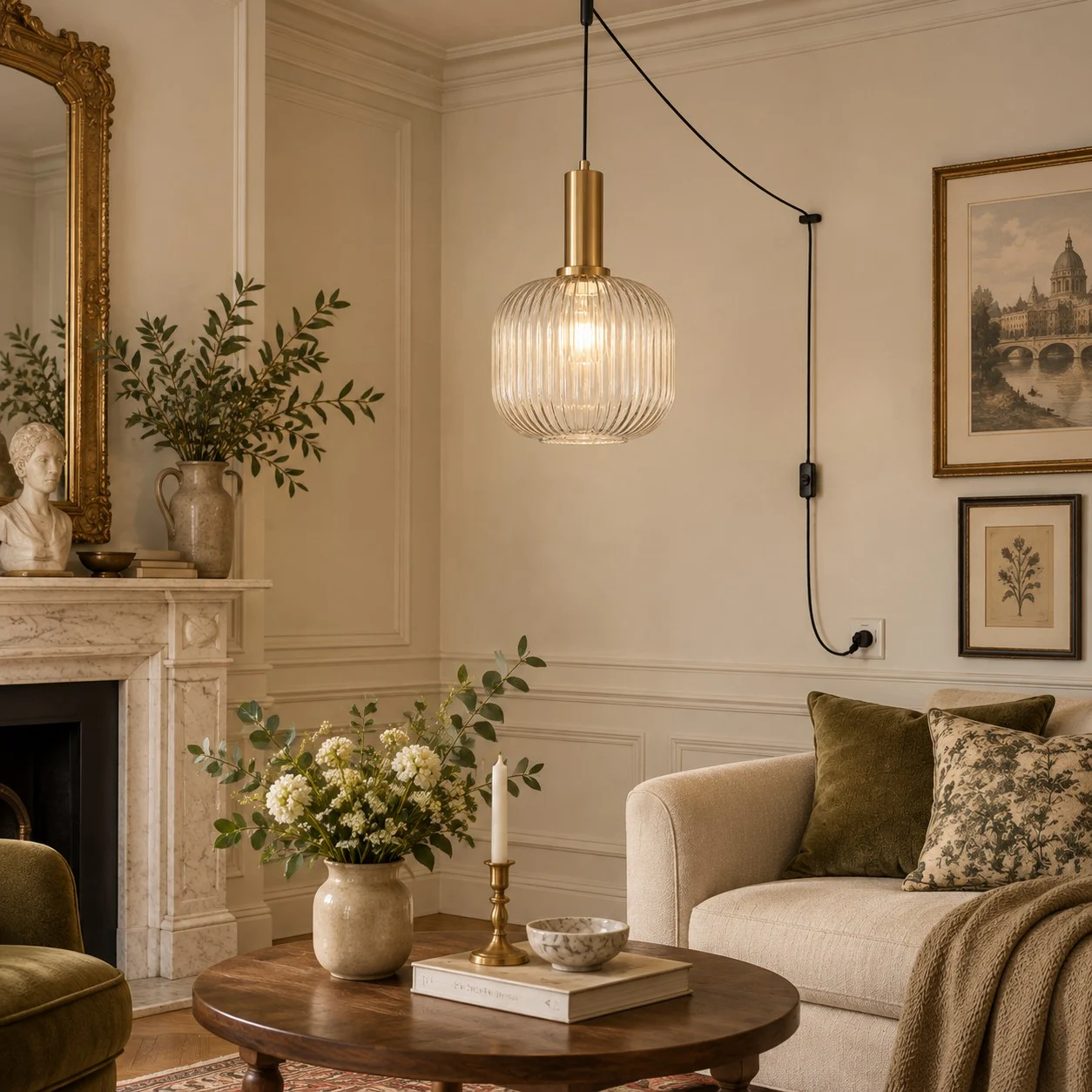 Retro ribbed glass plug-in pendant light in a home interior